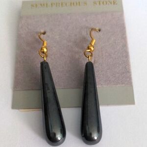 Macy's Black Hematite  Gemstones & Gold Statement Earrings, 3" Drop Dangle, New